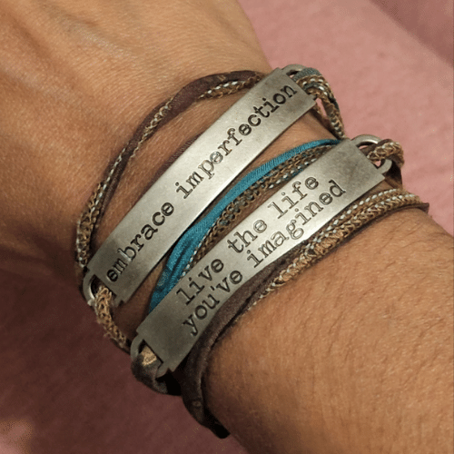 Samantha's bracelets with inspirational quotes