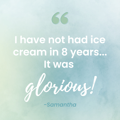 Samatha's delight at tasting ice cream